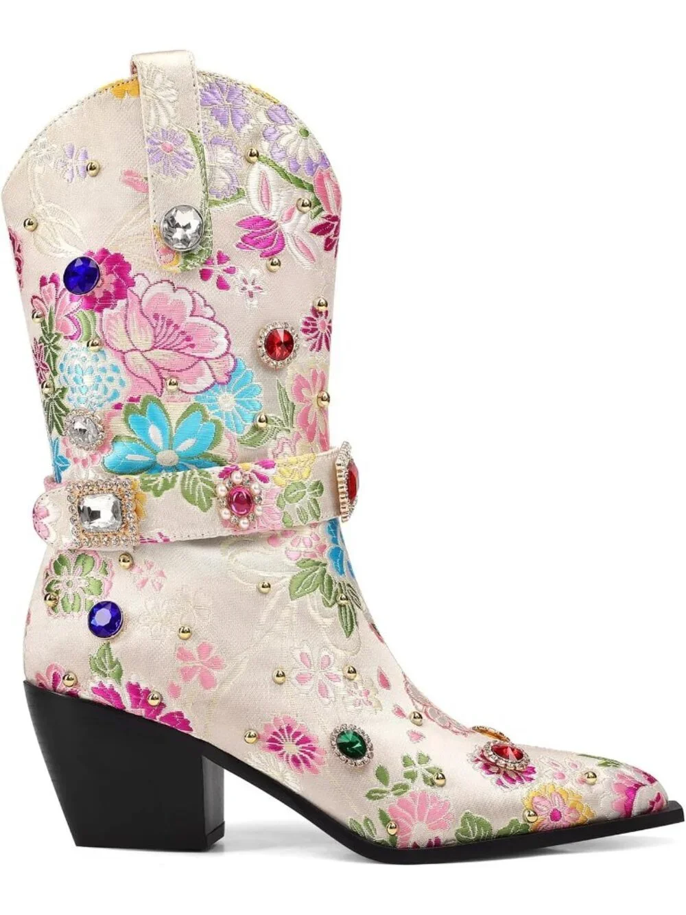 Women's White Western Floral Embroidery Rhinestone Sparkly Cowgirl Mid Calf Boot